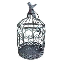 Petite Cage à Oiseaux Volière Ronde en Acier Patiné Vert Antique Abri Décoratif à Suspendre 15,5x15,5x28cm