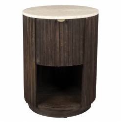 Table de Chevet Marlow Dutchbone Guéridon Rond Manguier et Travertin Sellette d'Appoint Design Rétro 45x45x60cm