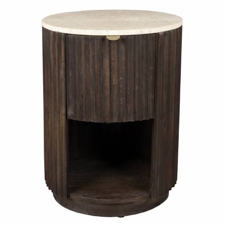 Table de Chevet Marlow Dutchbone Guéridon Rond Manguier et Travertin Sellette d'Appoint Design Rétro 45x45x60cm