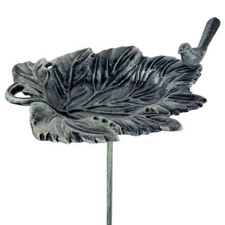 Bain Oiseau à Piquer Grande Feuille en Fonte Patinée Verte sur Tige Abreuvoir Grainetier 25,5x28,5x112cm