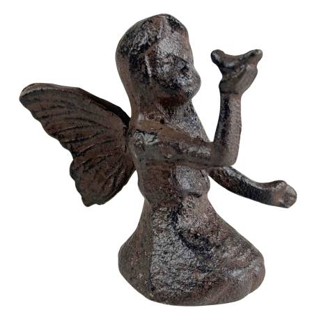 Fée en Fonte Patinée Marron Statuette Féérique Fillette à l'Oiseau Décoration de Jardin 6,5x8,5x9,5cm