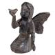 Fée en Fonte Patinée Marron Statuette Féérique Fillette à l'Oiseau Décoration de Jardin 6,5x8,5x9,5cm