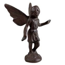 Fée en Fonte Patinée Marron Statuette Féérique Décoration de Jardin à Poser 8x10x14,5cm