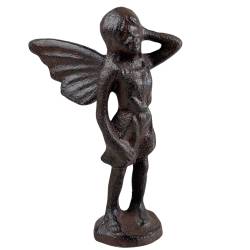Fée à Poser en Fonte Patinée Marron Statuette Féérique Fillette à l'Oiseau Décoration de Jardin 9x9x15cm