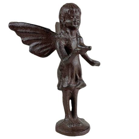 Jolie Fée en Fonte Patinée Marron Décoration Féérique Fillette Debout Statuette à Poser 10x12x16,5cm