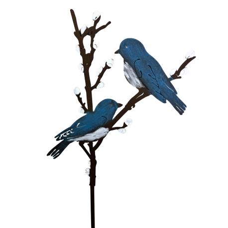 Piquet de Jardin Oiseaux Bleus sur Branches Tiges à Piquer Tuteurs Décorations en Acier Coloré 0,80x30x90cm