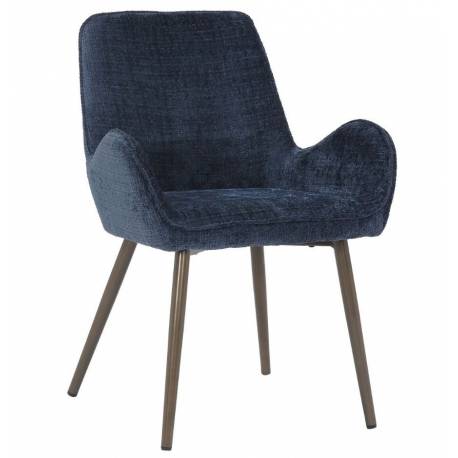 Chaise Trévise Athezza Fauteuil de Table Tissu Effet Chenille Bleu Nuit et Acier Assise de Repas 58x62x82cm