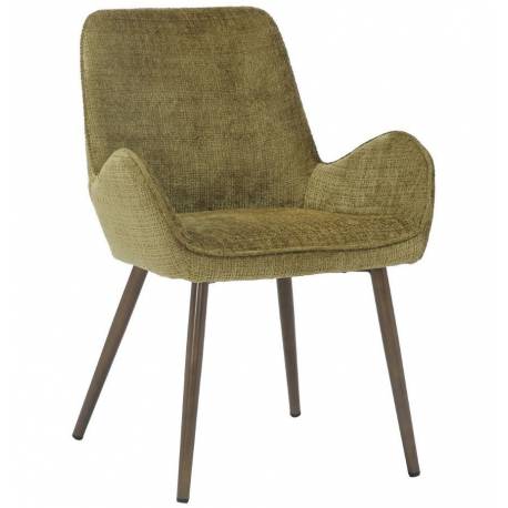 Chaise Trévise Athezza Fauteuil de Table Tissu Effet Chenille Kaki et Acier Assise de Repas 58x62x82cm