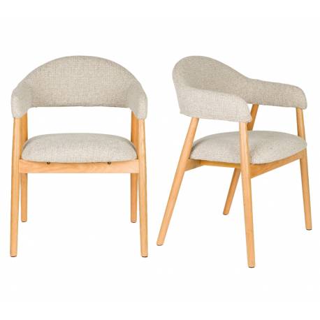 Lot de 2 Chaises Indy Woody Duo d'Assises de Table Chêne et Tissu Beige Chiné Fauteuil de Repas 54x56x81cm