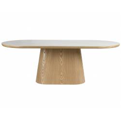 Table Almira Woody Table de Salle à Manger Ovale en Bois et Effet Marbre Finition Chêne Clair Design Seventies 77x90x180cm