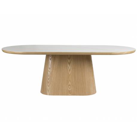 Table Almira Woody Table de Salle à Manger Ovale en Bois et Effet Marbre Finition Chêne Clair Design Seventies 77x90x180cm