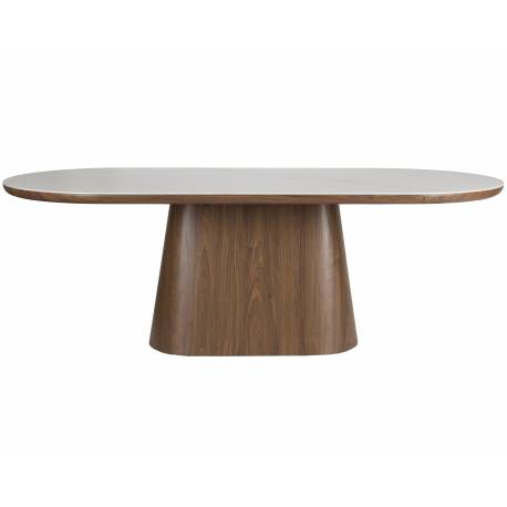 Table Almira Woody Table de Salle à Manger Ovale en Bois et Effet Marbre Guéridon Finition Noyer Design Seventies 77x90x180cm