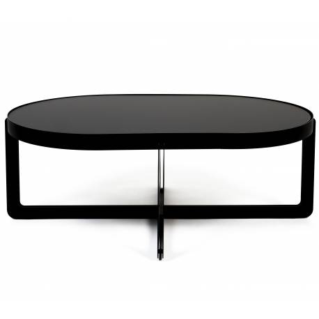 Table Basse Centre Woody Table de Salon Ovale en Acier et Bois Noir Guéridon 36x68x102cm