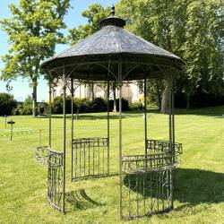 Tonnelle Vivienne Pergola en Acier et Tole Abri de Jardin Rond Patiné Vert et Effet Zinc Kiosque