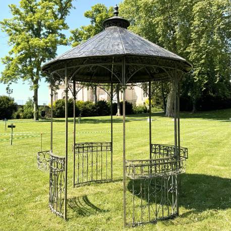 Tonnelle Vivienne Pergola en Acier et Tole Abri de Jardin Rond Patiné Vert et Effet Zinc Kiosque