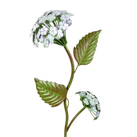 Décoration de Jardin Fleurs d'Hortensias en Acier Décoration sur Tige Patinée Verte et Blanc Tuteur 17x26x110cm
