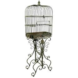 Cage à Oiseaux sur Pied Volière en Acier Patiné Vert Antique Abri pour Oiseaux Décoratif 26x42x120cm