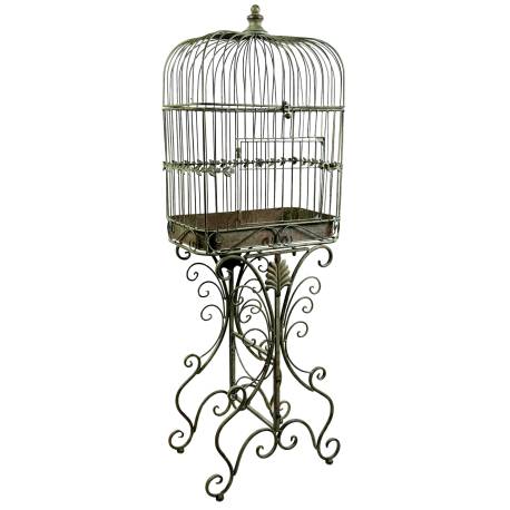 Cage à Oiseaux sur Pied Volière en Acier Patiné Vert Antique Abri pour Oiseaux Décoratif 26x42x120cm