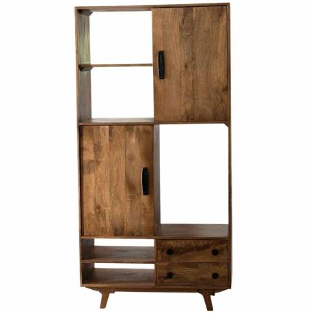 Armoire Trem Athezza Vitrine en Manguier Vaisselier 2 Portes Coulissante 2 Tiroirs 2 Niches Meuble Rétro 40x90x180cm