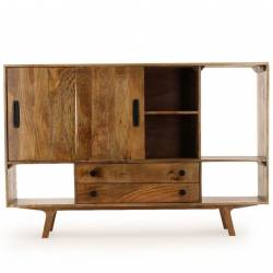 Buffet Trem Athezza Bahut en Manguier 2 Portes Coulissantes 2 Tiroirs Meuble de Rangement Rétro 38x106x158cm