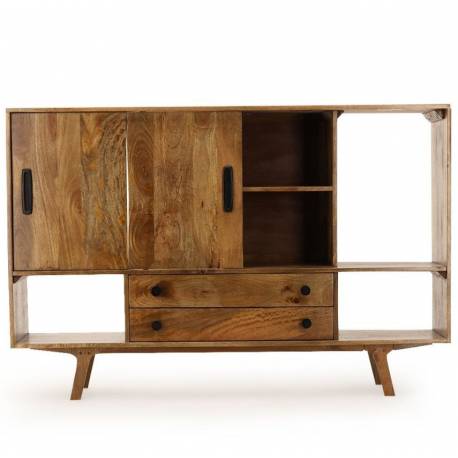 Buffet Trem Athezza Bahut en Manguier 2 Portes Coulissantes 2 Tiroirs Meuble de Rangement Rétro 38x106x158cm