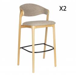 Duo Chaises de Bar Babington Dutchbone Sièges Hauts en Bois Naturel et Tissu Chiné Beige Assises Rétro 51,4x57,5x91,5cm
