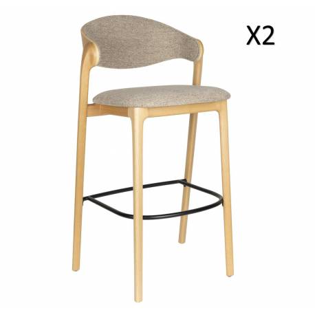 Duo Chaises de Bar Babington Dutchbone Sièges Hauts en Bois Naturel et Tissu Chiné Beige Assises Rétro 51,4x57,5x91,5cm