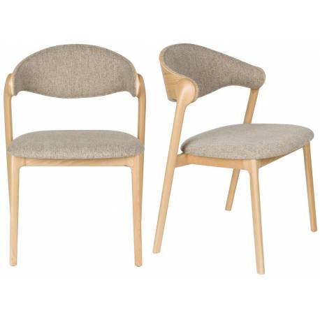 Lot de 2 Chaises Babington Dutchbone Duo de Fauteuils de Table en Bois Naturel et Tissu Chiné Beige Assises Rétro 56,5x58x80,5cm
