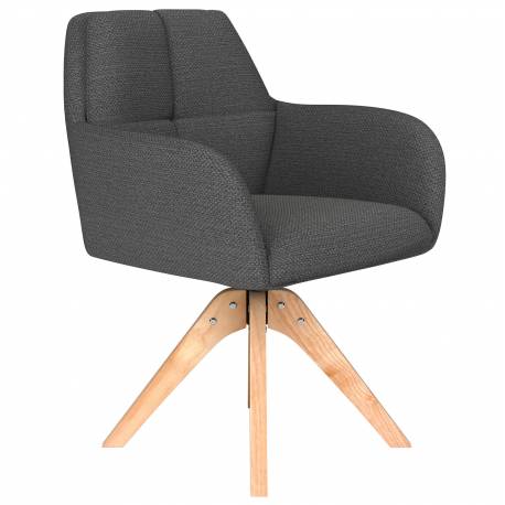 Fauteuil Pete Pivotant Assise en Bois et Tissu Gris Chaise à Accoudoirs 62x63x85cm
