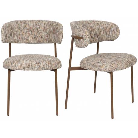 Lot de Deux Chaises Claes Woody Duo d'Assises en Acier et Tissu Beige Chiné Chaises de Salle à Manger Rétro 56,5x57,5x78,5cm