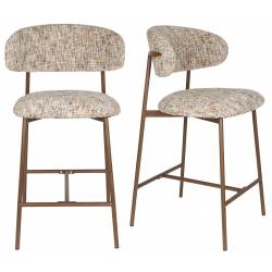 Lot de Deux Chaises de Bar Claes Woody Duo d'Assises Hautes en Acier et Tissu Beige Chiné Rétro 44x51x94cm