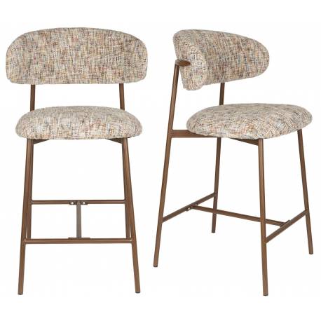 Lot de Deux Chaises de Bar Claes Woody Duo d'Assises Hautes en Acier et Tissu Beige Chiné Rétro 44x51x94cm