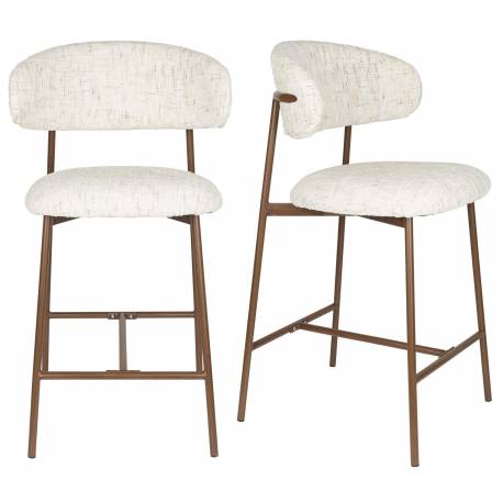 Lot de Deux Chaises de Bar Claes Woody Duo d'Assises Hautes en Acier et Tissu Blanc Chiné Rétro 44x51x94cm