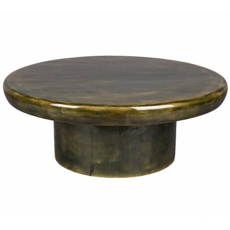 Table Basse Mush Dutchbone Table de Salon Ronde en Manguier Finition Vert Olive Brillante Sellette Rétro 35x60x60cm