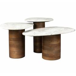 Trio Suki Dutchbone Lot de Trois Tables Basses en Manguier et Marbre Guéridons Asymétriques
