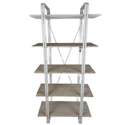 Etagère J-Line Meuble de Rangement en Acier Blanc Effet Vieilli et Pin Bibliothèque 5 Niveaux 41,5x87x181cm