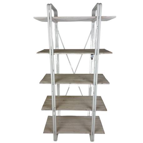 Etagère J-Line Meuble de Rangement en Acier Blanc Effet Vieilli et Pin Bibliothèque 5 Niveaux 41,5x87x181cm