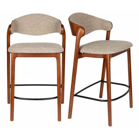 Duo Chaises de Bar Babington Dutchbone Sièges Hauts en Bois et Tissu Chiné Marron Assises Rétro 51,4x57,5x91,5cm