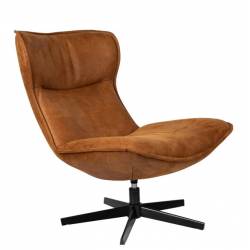 Fauteuil John Woody Assise Lounge en Simili Cuir Cognac et Acier Noir Assise Fauteuil Pivotant 81x92x92cm