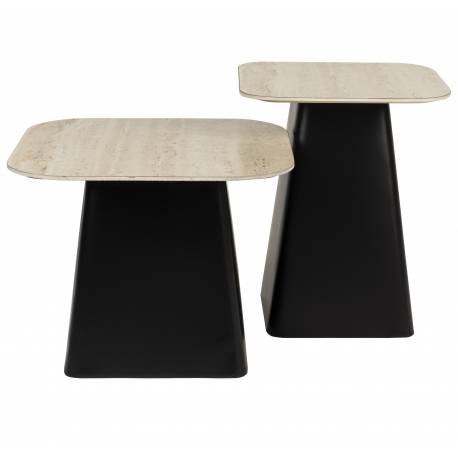 Lot de Tables Basses Baru Woody Duo de Tables Carrée en Acier et Céramique Sellettes Effet Marbre Travertin 42x42x47cm