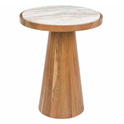 Guéridon Mees Woody Sellette d'Appoint Ronde en Acacia et Marbre Table Bi-matière 50x40x40cm