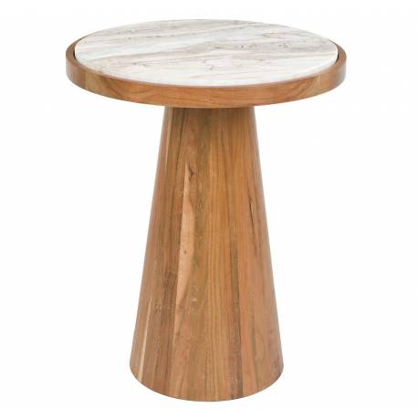 Guéridon Mees Woody Sellette d'Appoint Ronde en Acacia et Marbre Table Bi-matière 50x40x40cm