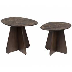 Duo de Tables Naut Woody Lot de 2 Guéridons en Manguier et Marbre Brun Sellettes Bi-matières Forme Organique