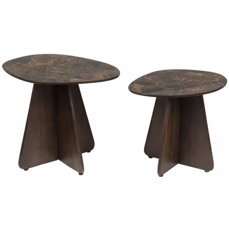Duo de Tables Naut Woody Lot de 2 Guéridons en Manguier et Marbre Brun Sellettes Bi-matières Forme Organique