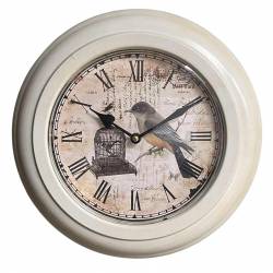 Horloge Murale en Acier avec Vitre en Plexiglass Pendule Motif Cage et Oiseau Blanc 4x32x32cm