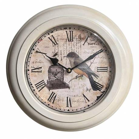 Horloge Murale en Acier avec Vitre en Plexiglass Pendule Motif Cage et Oiseau Blanc 4x32x32cm