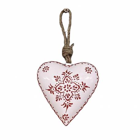 Coeur Décoratif en 3D à Poser ou à Suspendre Décoration Murale en Acier Patiné Blanc et Rouge 5x10x11cm