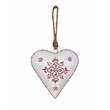 Coeur Décoratif en 3D à Poser ou à Suspendre Décoration Murale en Acier Patiné Blanc et Rouge 6x14x16cm