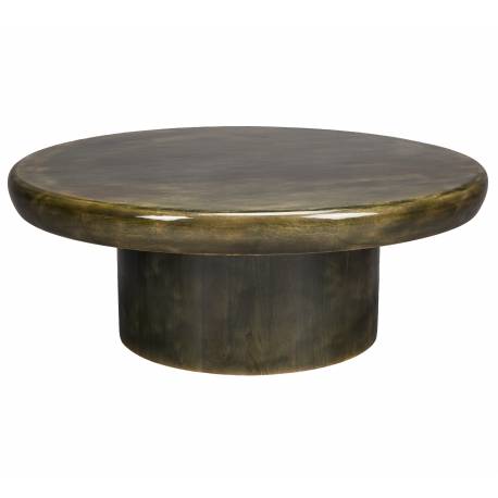 Table Basse Mush Dutchbone Table de Salon Ronde en Manguier Finition Vert Olive Brillante Sellette Rétro 30x80x80cm