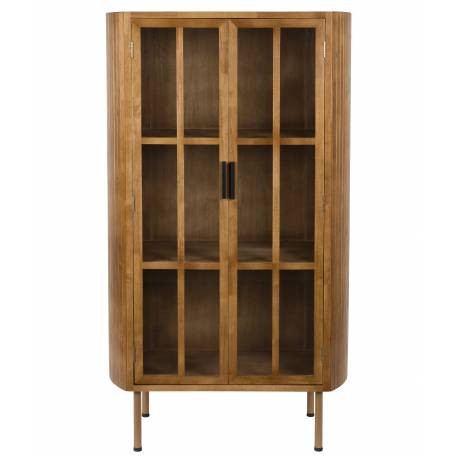 Vitrine Yaz Woody Armoire Vitrée en Hévéa Meuble de Rangement Double Porte à Etagères 38x80x140cm